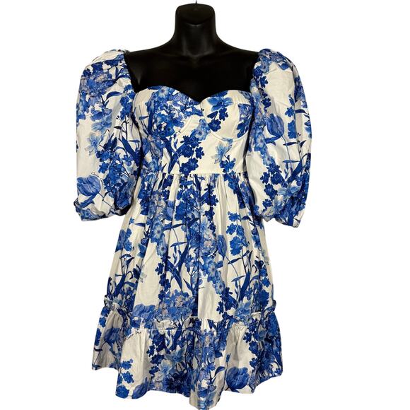NEW! Cara Cara Jessica Dress Blue Floral Boho Bustier Bodice Puff Sleeve - 2 - Picture 1 of 9